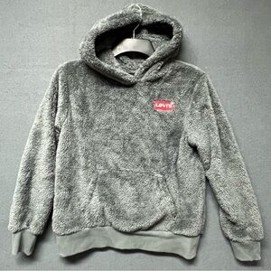Levis Hoodie Youth Kids Large Grey Fuzzy Sherpa Pullover Kangaroo Pocket